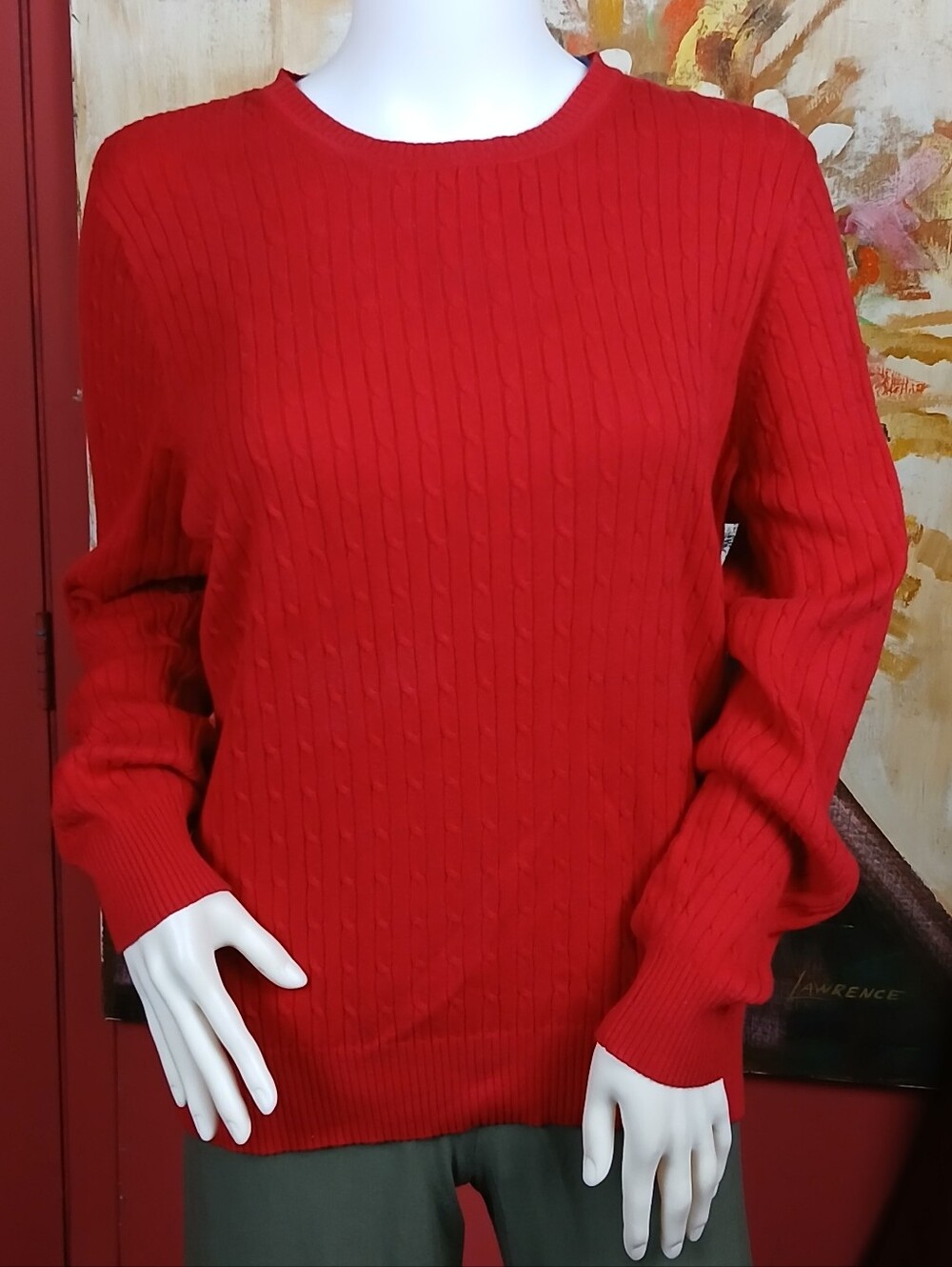 Kim Rogers Red Cable Knit Cotton Crew Neck Sweater Size Large